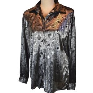 Vintage Orare Liquid Look Button Down‎ Psychedelec Trippy Print Blouse, Size 12